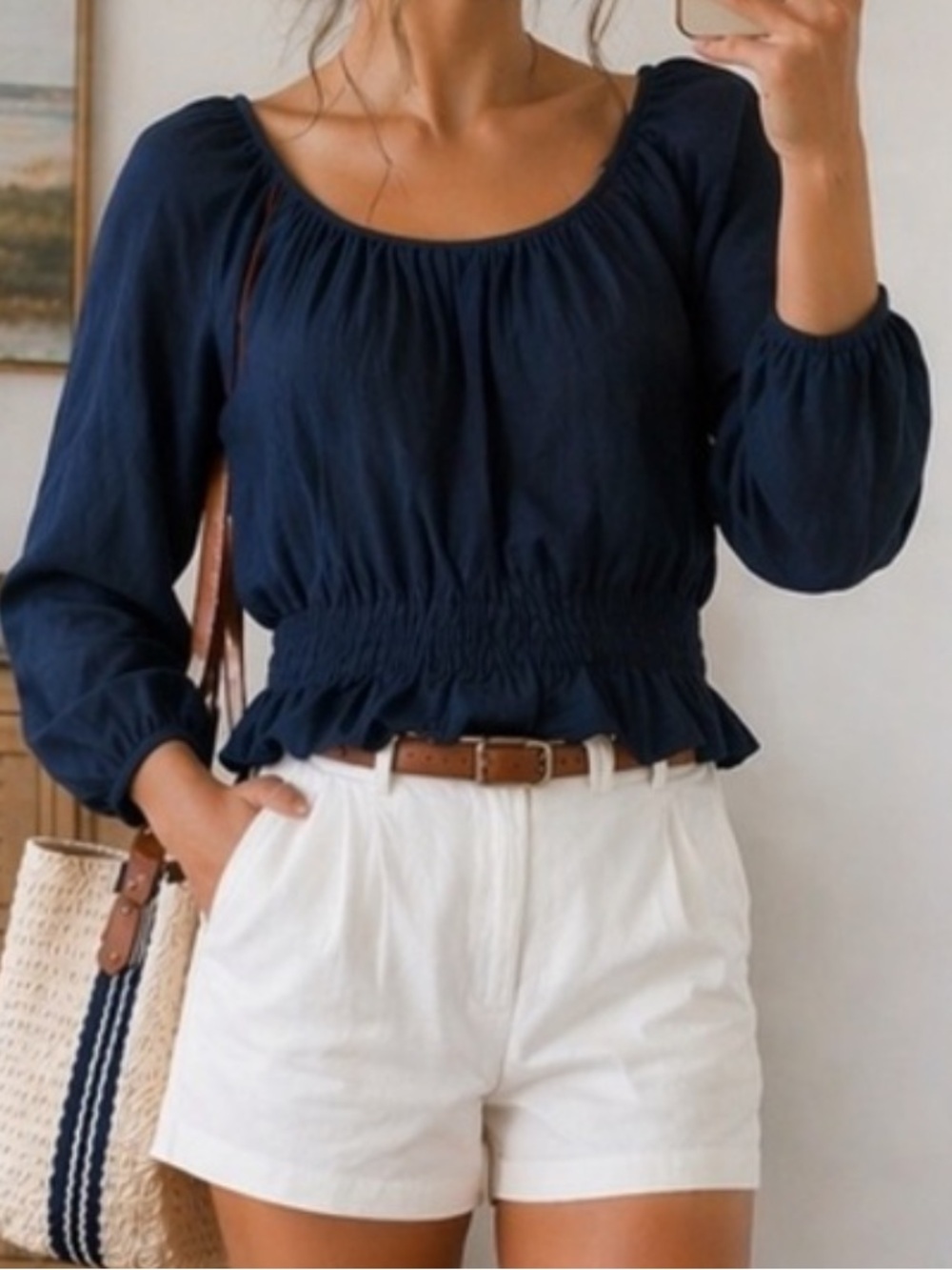 Madewell Scoop Back Navy Drawstring Peasant Top